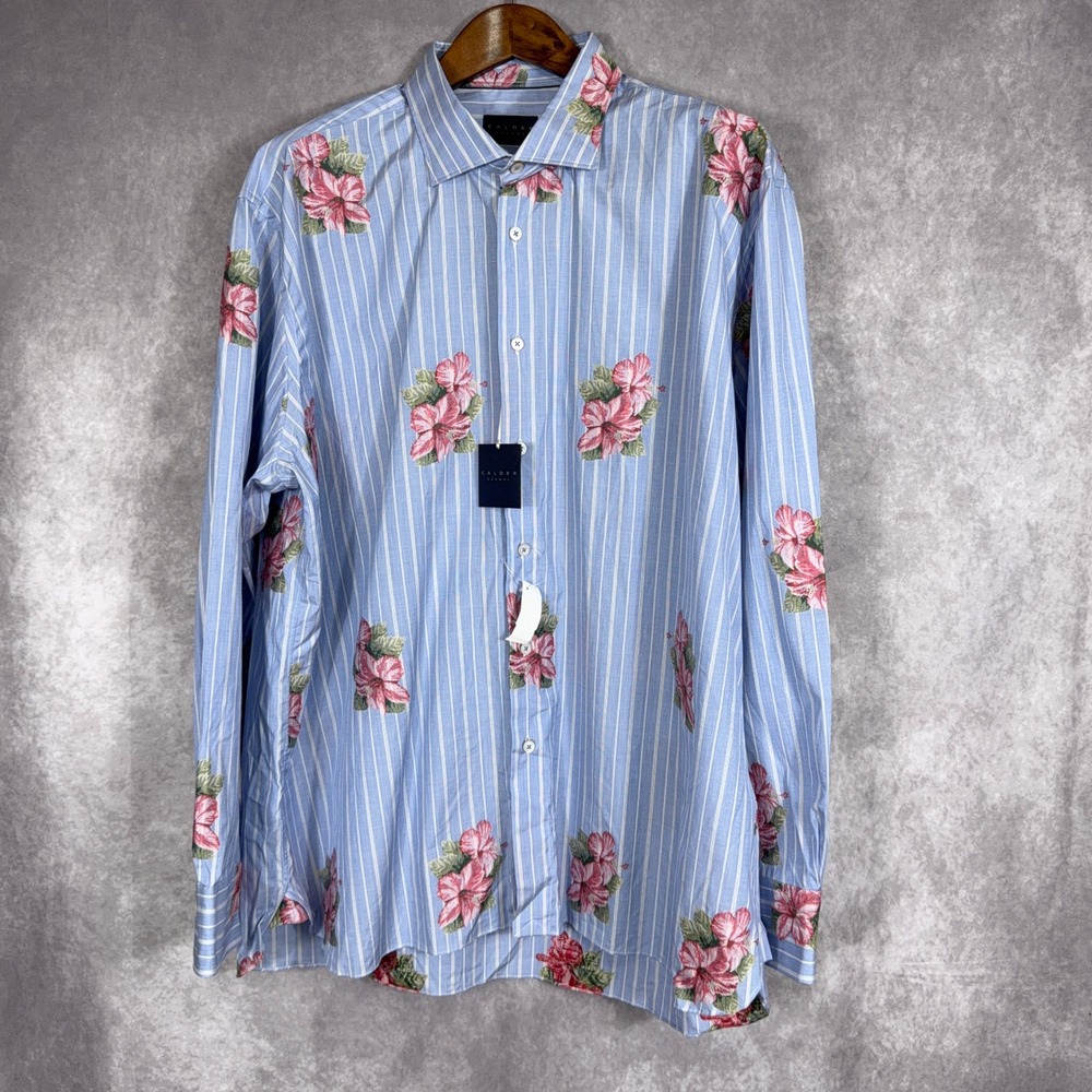 Calder Carmel Sport Shirt Limited Edition Floral Stripe Cotton XXL Blue Pink NWT